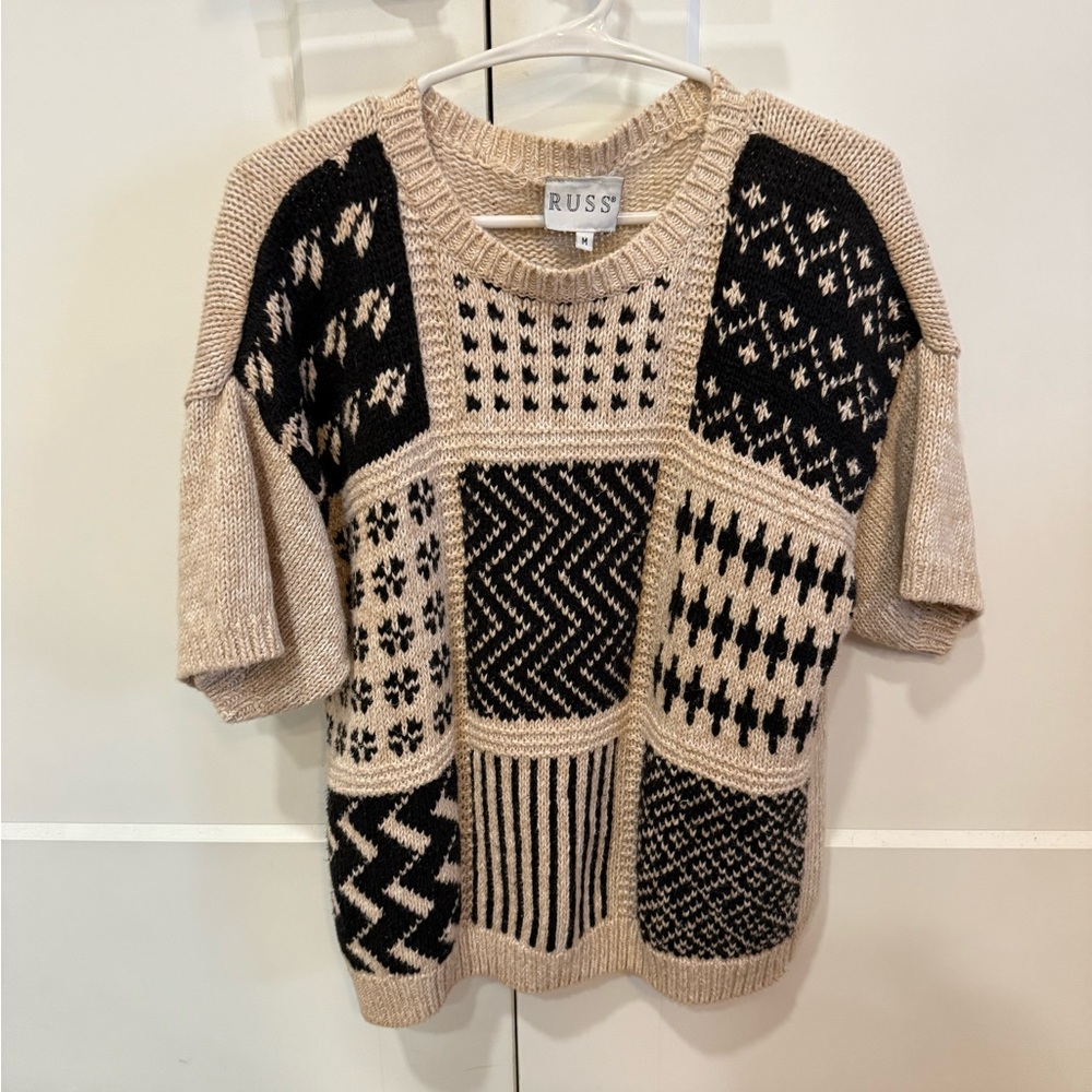 Russ Patchwork Knit Sweater in Black and Beige